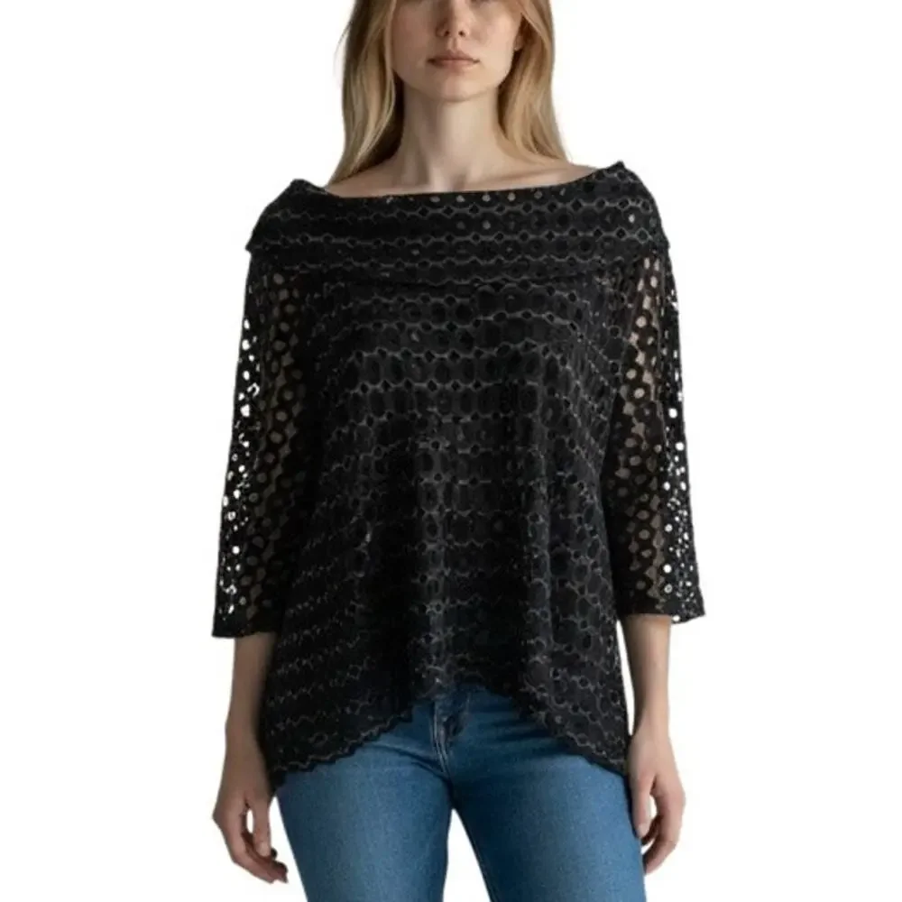 Carine Black Cowl Neck Off The Shoulder Perforated Top